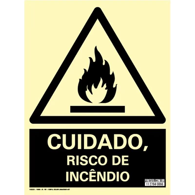 Placa de Sinalização Cuidado Risco de Incêndio 15x15cm